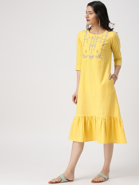 

IMARA Women Yellow Solid A-Line Dress