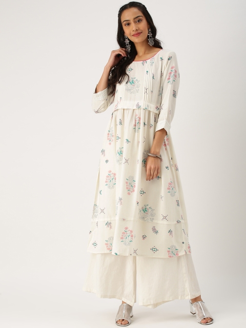 

IMARA Women Off-White & Pink Printed A-Line Kurta