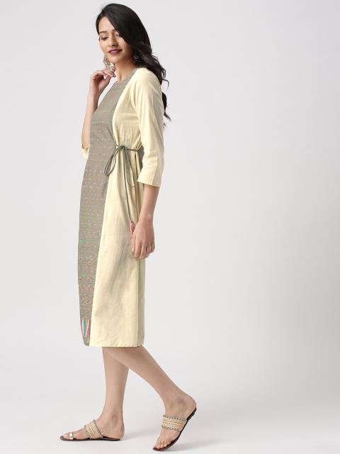 

IMARA Women Beige & Grey Printed A-Line Midi Dress