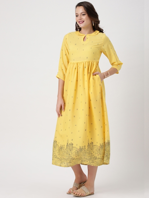 

IMARA Women Yellow Printed A-Line Dress