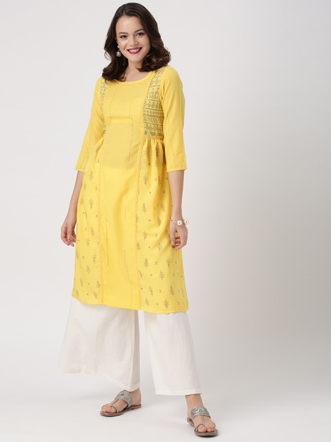 

IMARA Women Yellow Printed A-Line Kurta