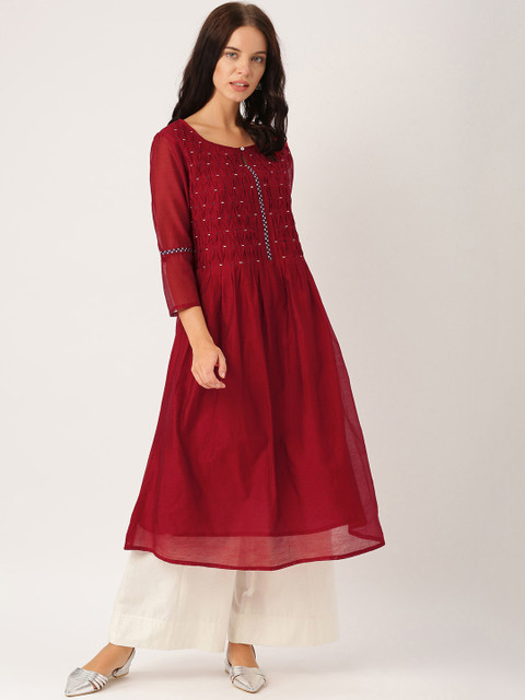 

IMARA Women Red Woven Design A-Line Kurta