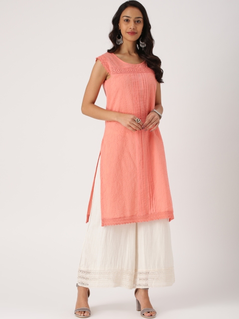

IMARA Women Peach-Coloured Embroidered Straight Kurta