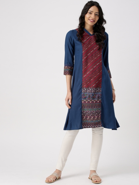

IMARA Women Teal Blue & Maroon Printed Panelled A-Line Kurta