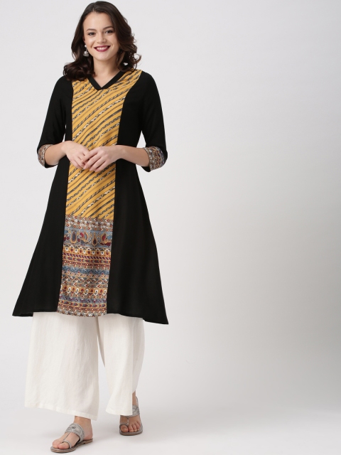 

IMARA Women Black & Mustard Yellow Printed Panelled A-Line Kurta