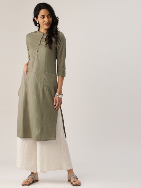 

IMARA Women Olive Green Solid Straight Kurta