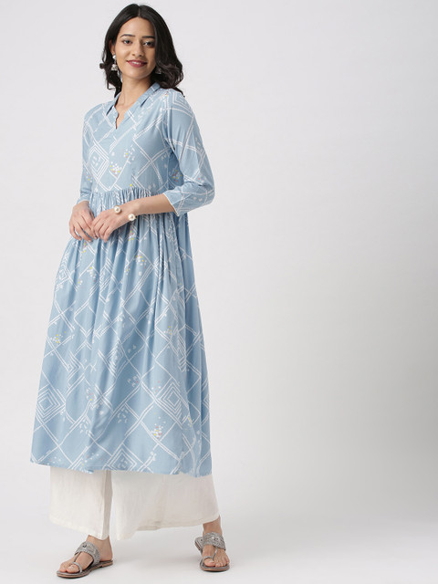

IMARA Women Blue Printed A-Line Kurta
