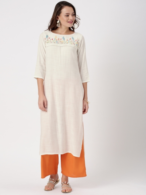 

IMARA Women White Embroidered Straight Kurta