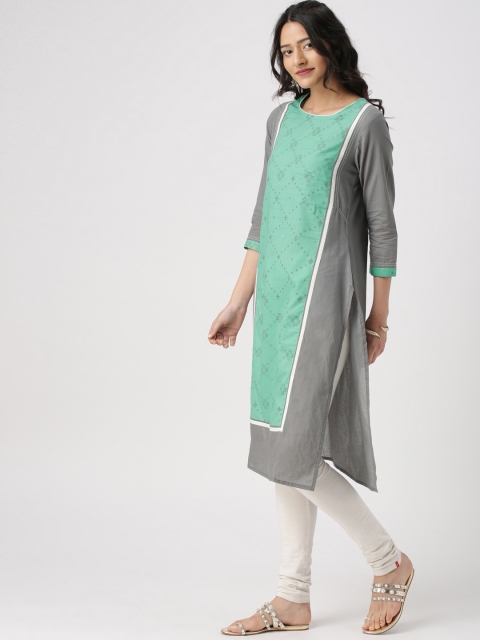 

IMARA Women Grey & Green Printed Straight Kurta