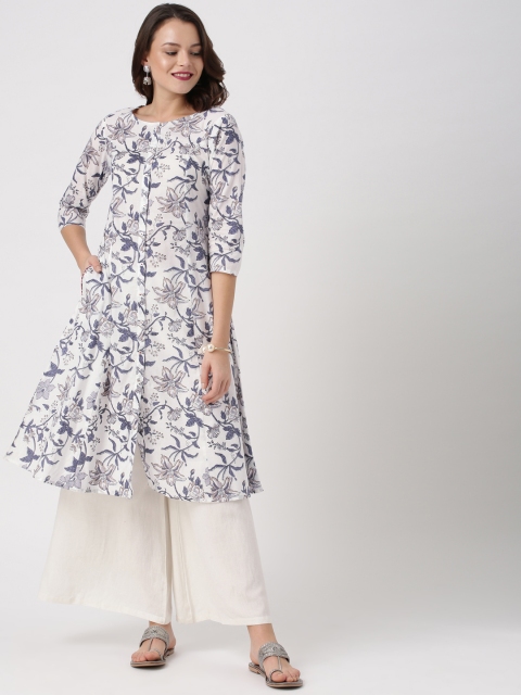 

IMARA Women White & Blue Printed A-Line Kurta