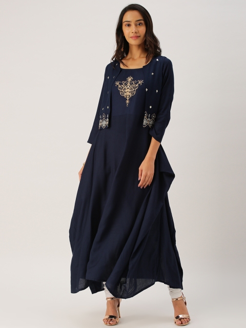 

IMARA Women Navy Blue Embroidered A-Line Asymmetric Kurta