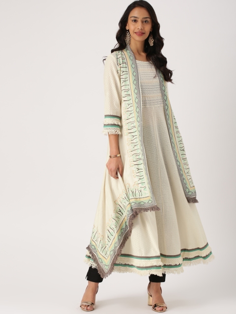 

IMARA Women Cream-Coloured Printed Layered A-Line Kurta