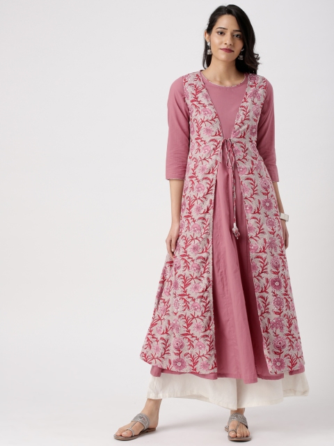 

IMARA Women Mauve & Grey Printed Layered A-Line Kurta