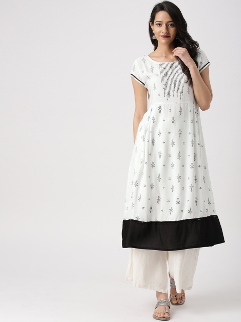 

IMARA Women White & Black Printed A-Line Kurta