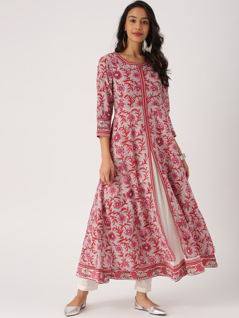 

IMARA Women Grey & Pink Printed A-Line Kurta