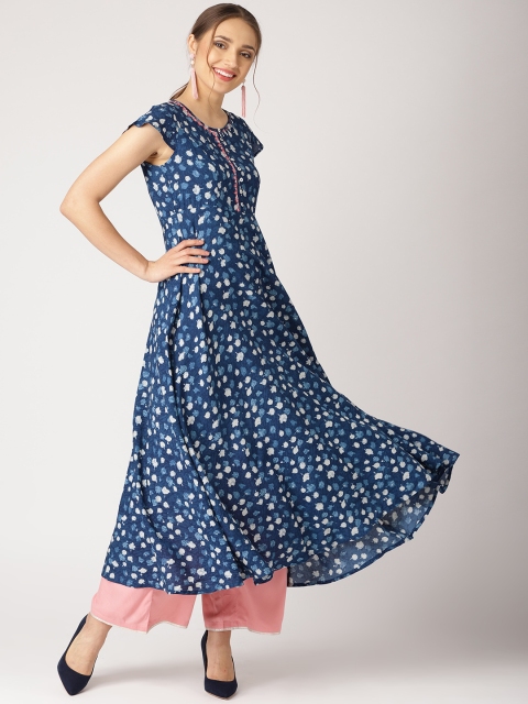 

IMARA Women Blue & White Printed A-Line Kurta