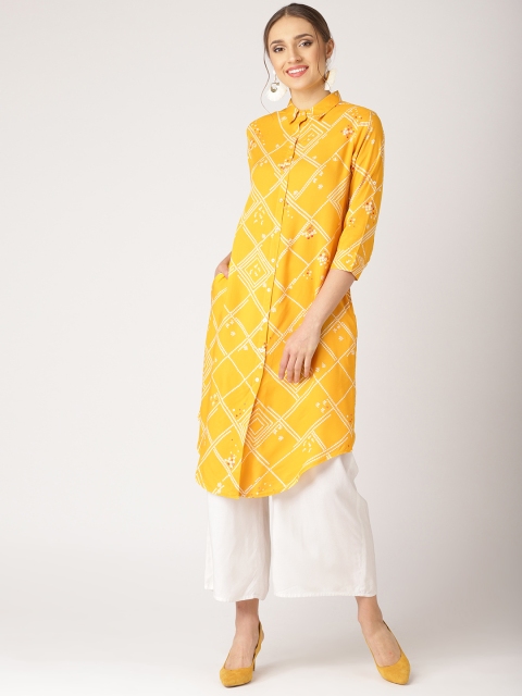

IMARA Women Yellow & White Checked Pathani Kurta