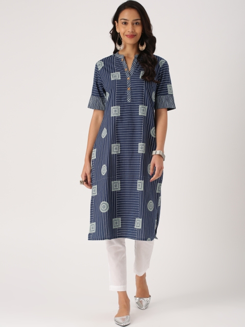 

IMARA Women Navy Blue Printed Straight Kurta