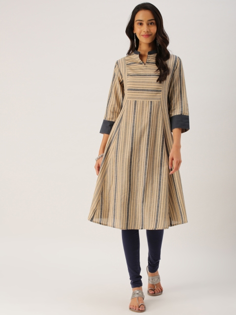 

IMARA Women Beige & Navy Striped A-Line Kurta