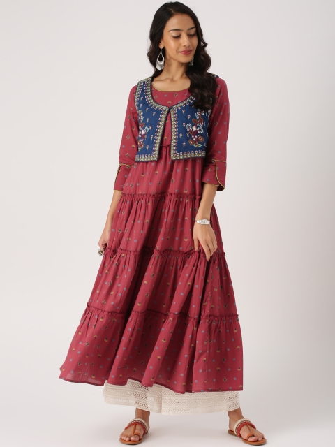 

IMARA Women Maroon & Navy Blue Printed Panelled A-Line Kurta