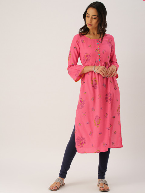

IMARA Women Coral Pink Printed A-Line Kurta