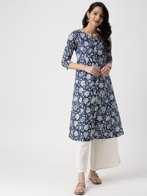 

IMARA Women Blue & White Printed Straight Kurta