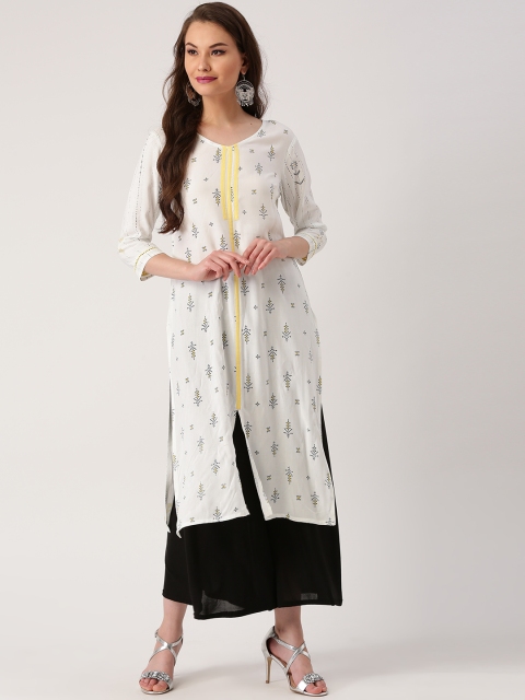 

IMARA Women White & Navy Blue Printed A-Line Kurta