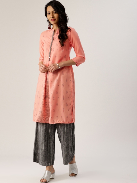 

IMARA Women Peach-Coloured Printed Straight Kurta