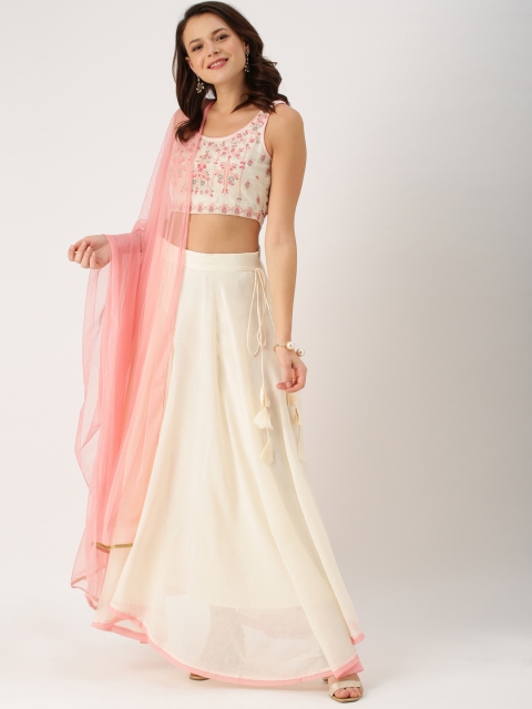 

IMARA Cream-Coloured & Pink Embroidered Ready to Wear Lehenga & Blouse with Dupatta