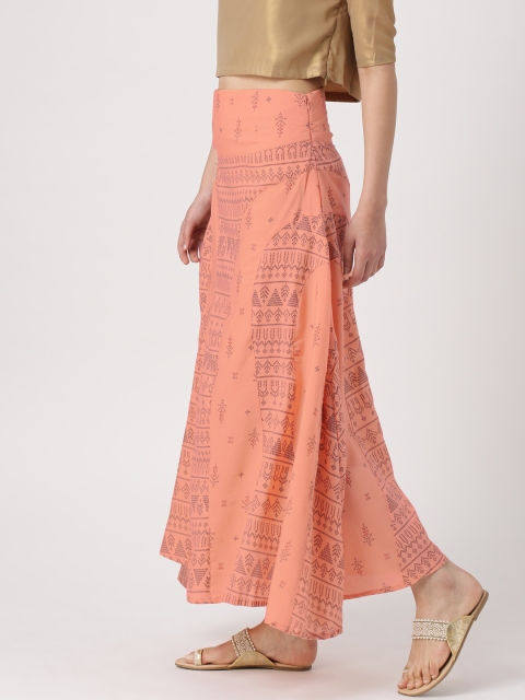 

IMARA Women Peach-Coloured Ethnic Printed A-Line Maxi Skirt