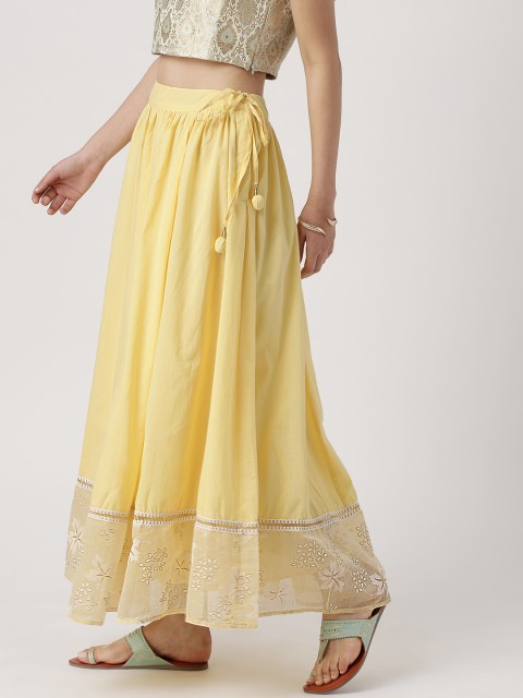 

IMARA Women Yellow Printed Flared Ethnic Maxi Pure Cotton Skirt
