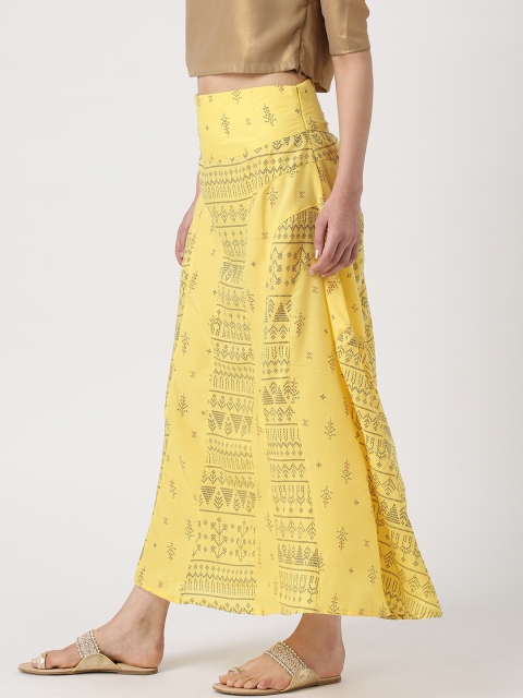 

IMARA Women Yellow Ethnic Printed A-Line Maxi Skirt