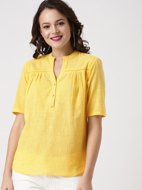 

IMARA Women Yellow Solid Regular Pure Cotton Top