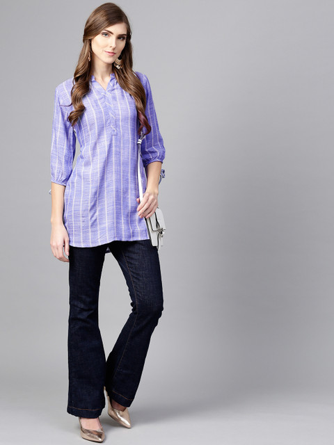 

Libas Women Blue & White Self-Striped A-Line Kurti