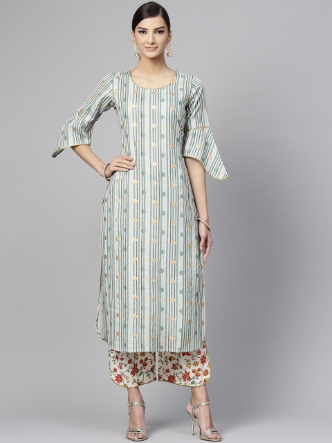

Libas Women Grey & Off-White Striped Kurta with Palazzos