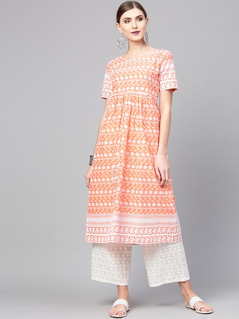 

Libas Women Peach-Coloured & White Embroidered Kurta with Palazzos