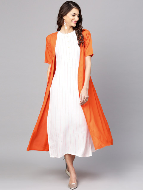 

Libas Women White 7 Orange Striped Midi Layered A-Line Dress