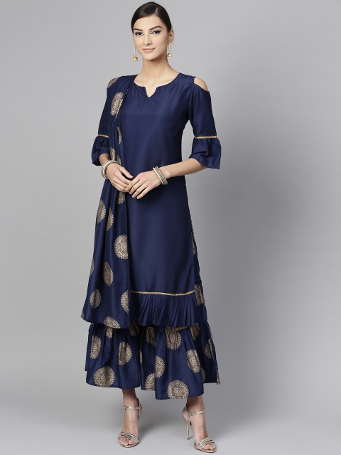 

Libas Women Navy Blue & Golden Solid Kurta with Printed Sharara & Dupatta