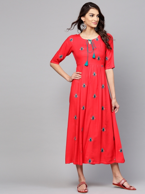 

Libas Women Red Embroidered Midi A-Line Dress
