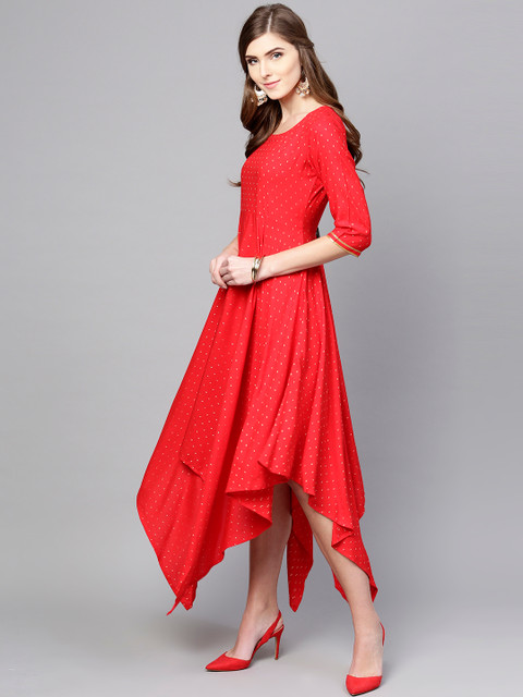 

Libas Women Red & Golden Self Design Maxi Dress