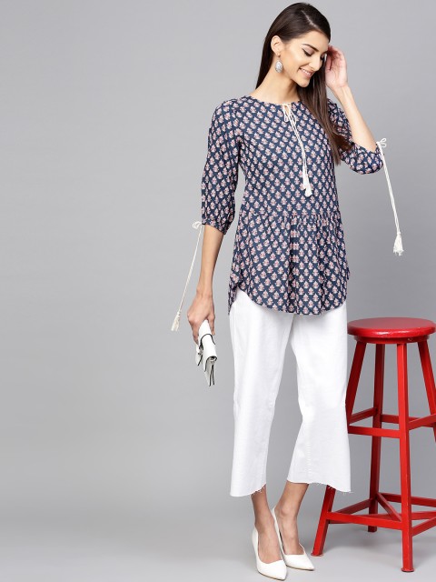 

Libas Women Navy Blue & Off-White Printed A-Line Kurti