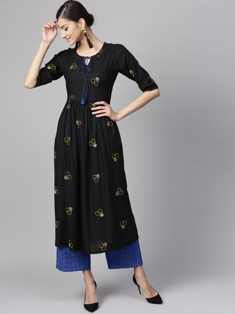

Libas Women Black & Blue Embroidered Kurta with Palazzos