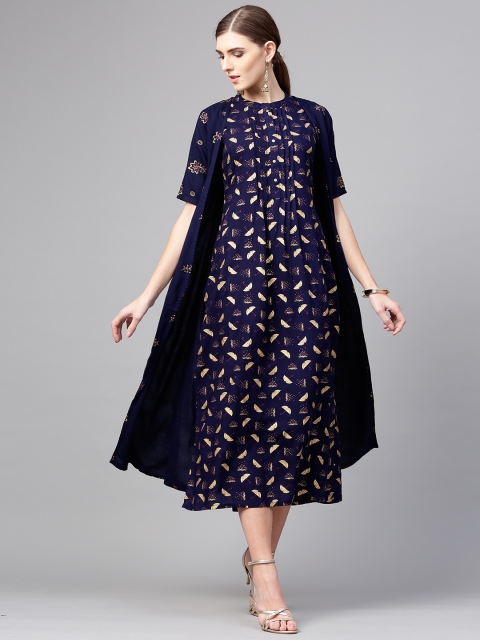 

Libas Women Navy Blue & Golden Printed Midi Layered A-Line Dress