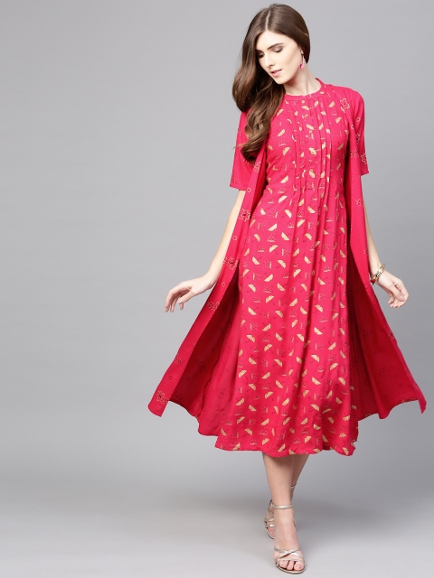 

Libas Women Pink & Golden Printed Midi Layered A-Line Dress