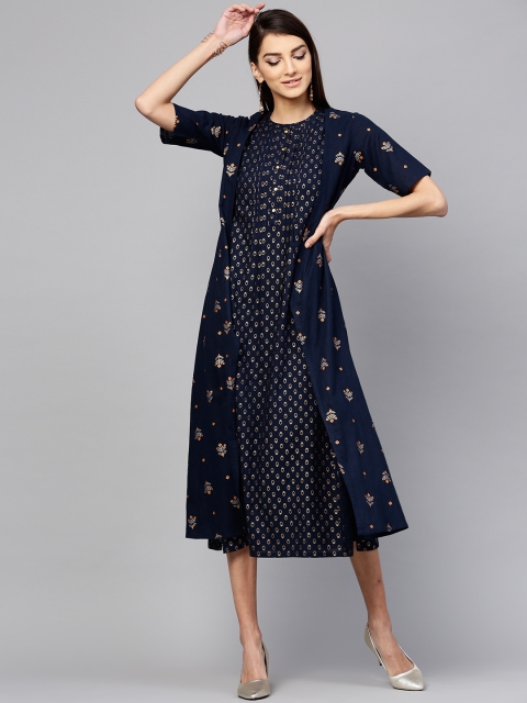 

Libas Women Navy Blue Printed A-line Dress with Ethnic Jacket