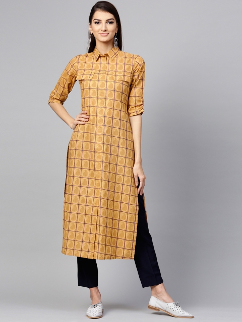 

Libas Women Mustard Yellow & Navy Blue Checked Straight Kurta