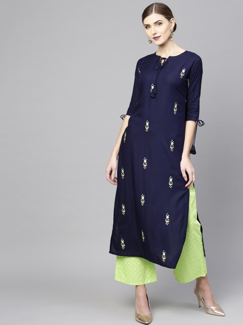 

Libas Women Navy Blue & Green Embroidered Kurta with Palazzos