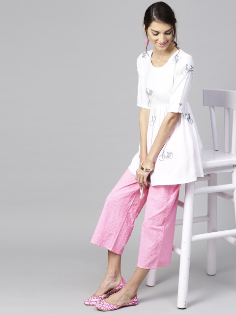 

Libas Women White & Pink Embroidered Kurti with Palazzos
