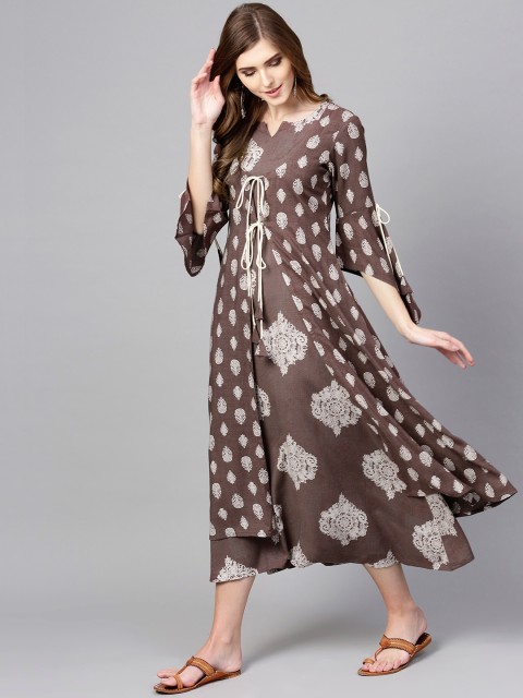 

Libas Women Brown & Off-White Printed Maxi Dress with Ethnic Jacket