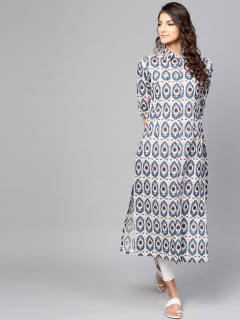 

Libas Women White & Blue Printed Straight Kurta
